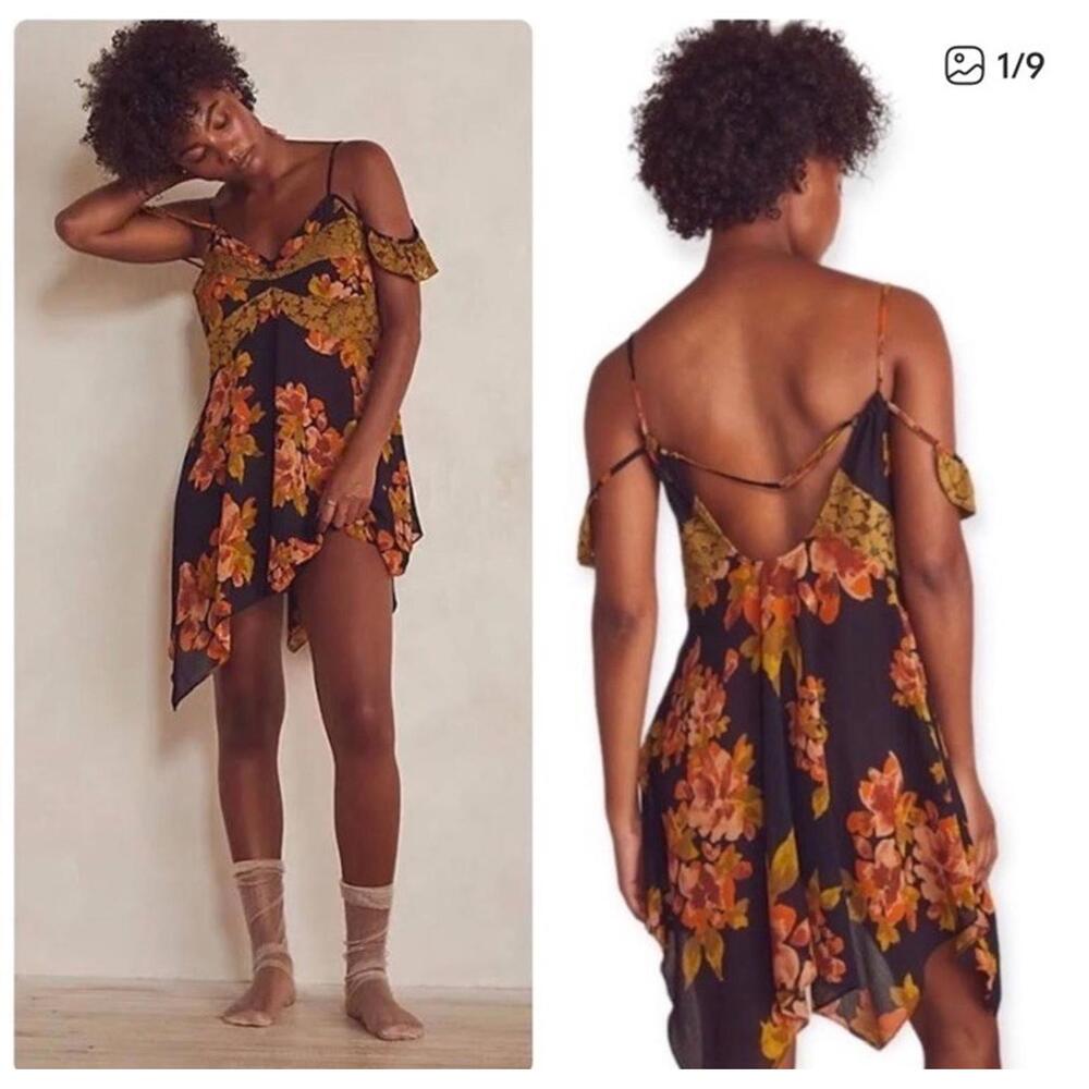 Free People Black Slip Dress with Mustard Floral Print